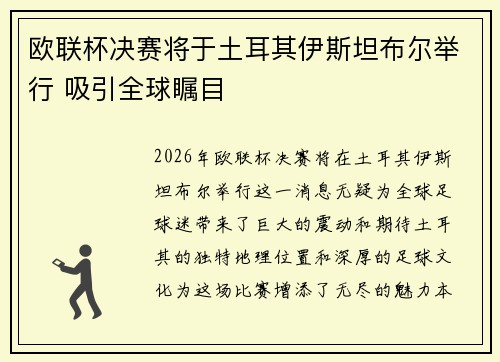 欧联杯决赛将于土耳其伊斯坦布尔举行 吸引全球瞩目 欧联杯决赛将于土耳其伊斯坦布尔举行 吸引全球瞩目